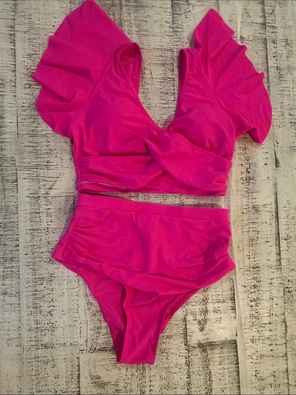 Ruffled Crop Bikini Set in Bright Fuchsia